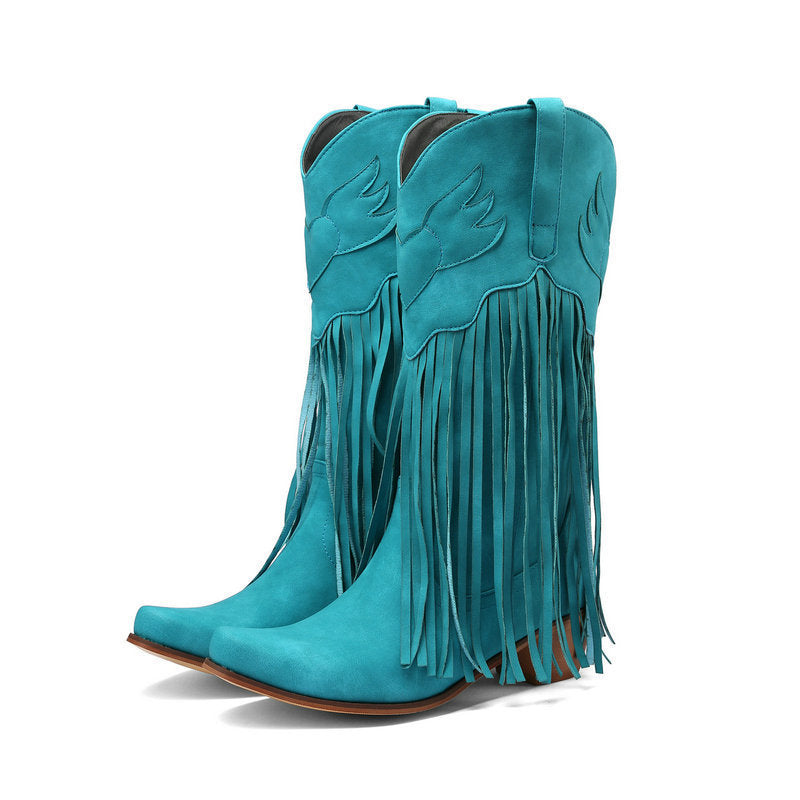 Womens Retro Mid-Calf Chunky Heel Round-Toe Boots - Zalixer