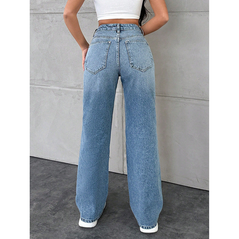 Womens Washed Casual Straight Jeans - Zalixer