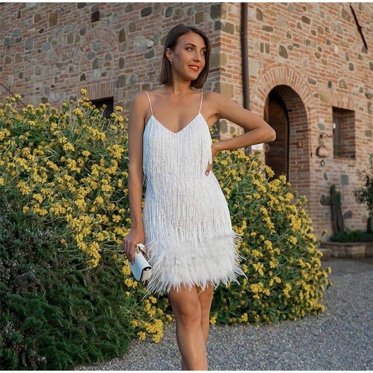 Sexy Tassel Sequins Feather Summer Mini Dress Women V Neck Spaghetti Strap Stitching Dresses Female Elegant Evening Party Club Dress - Zalixer