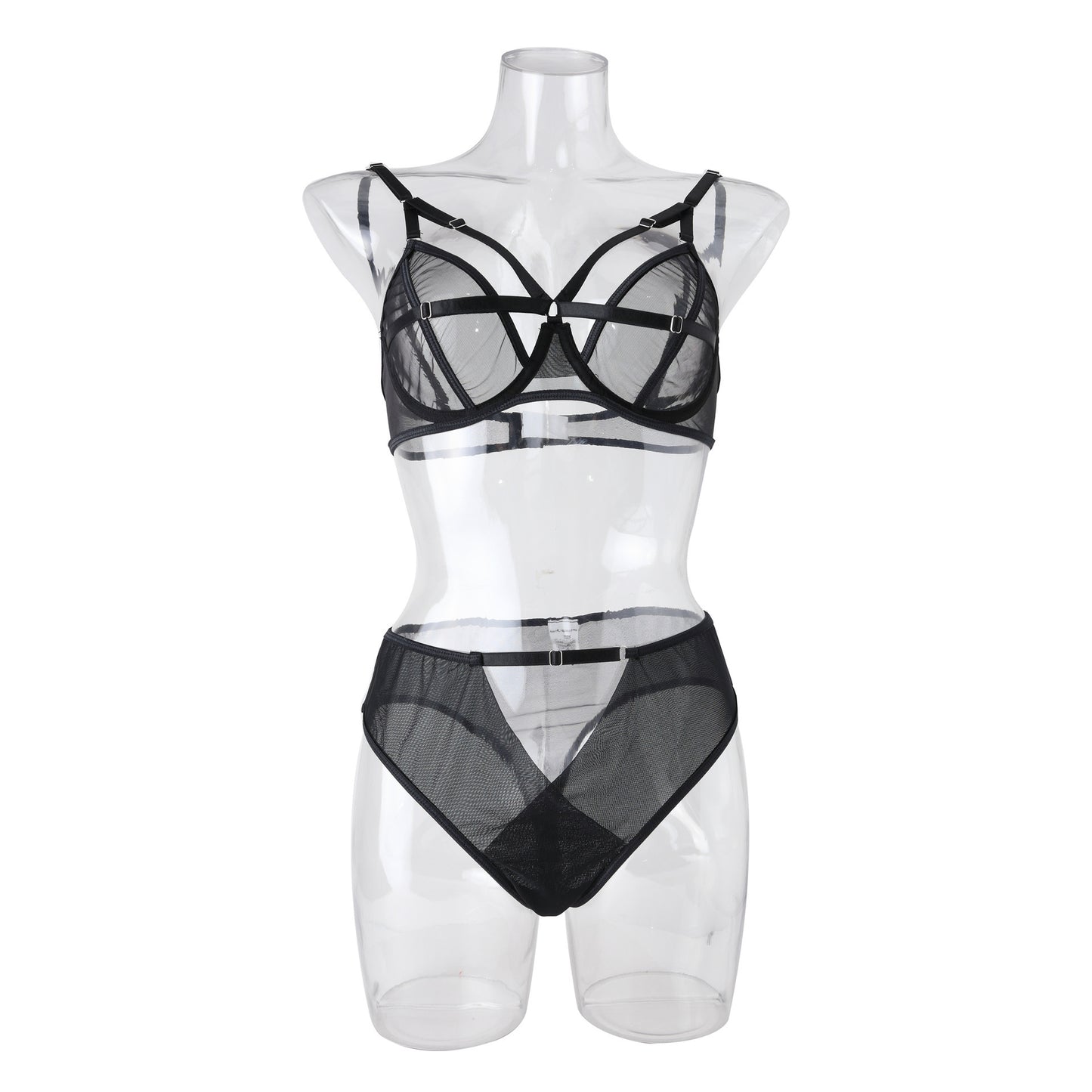 Black Mesh See-through Hollow Steel Ring Bra Panties Set - Zalixer