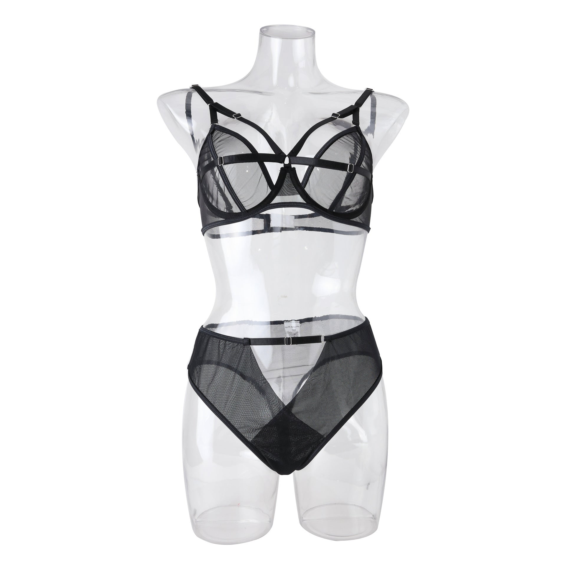 Black Mesh See-through Hollow Steel Ring Bra Panties Set - Zalixer