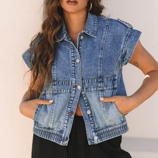 Denim Women's Single-breasted Lapel Short Sleeve Vest Coat - Zalixer