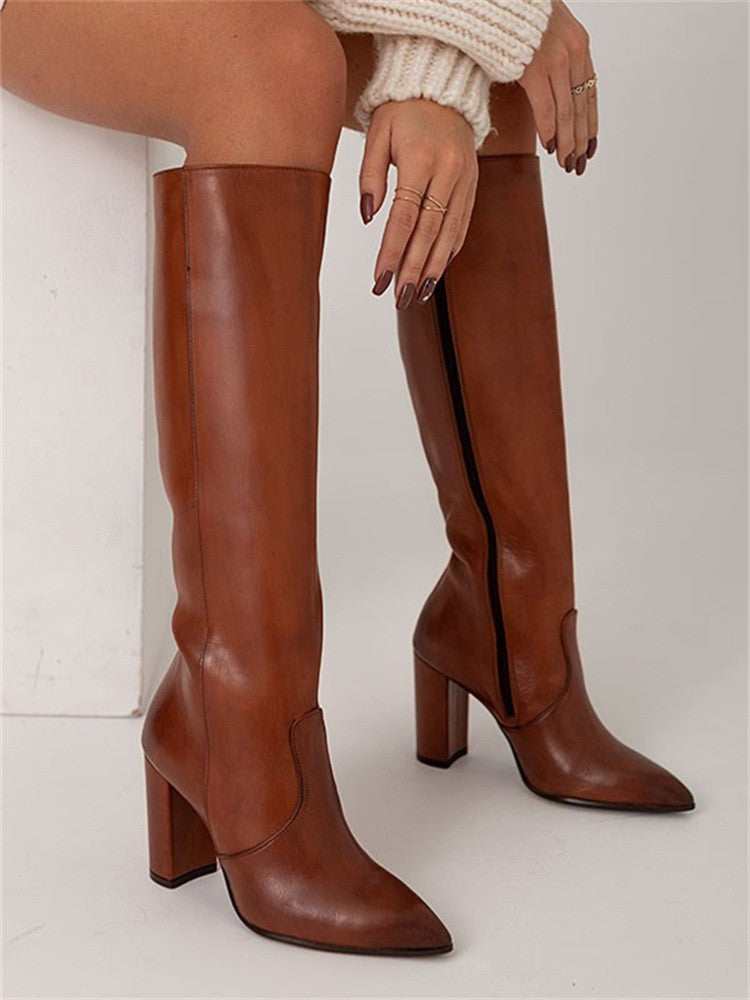 Womens Stylish High Heeled Pointed Toe Side Zip Thigh High Boots - Zalixer