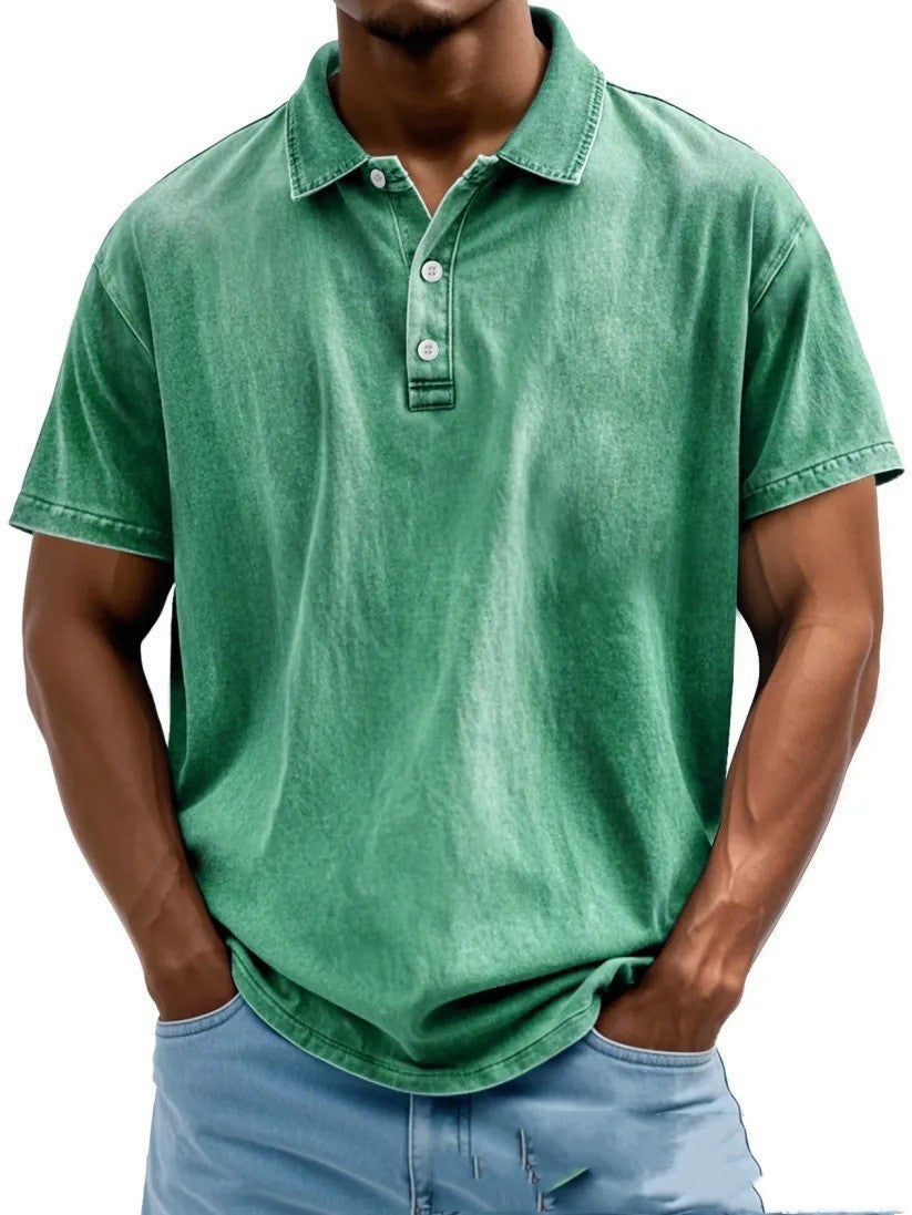 Men's Fashion Retro Washed Distressed Cotton Lapel Short Sleeve