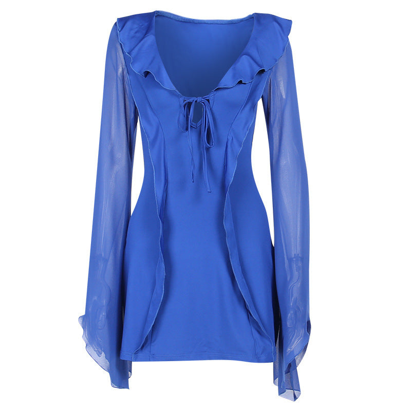 Sexy Ruffled V-neck Lace-up Long-sleeved Dress Fashion Y2K Skirt Slim Hip-covering Short Dresses For Womens Clothing - Zalixer