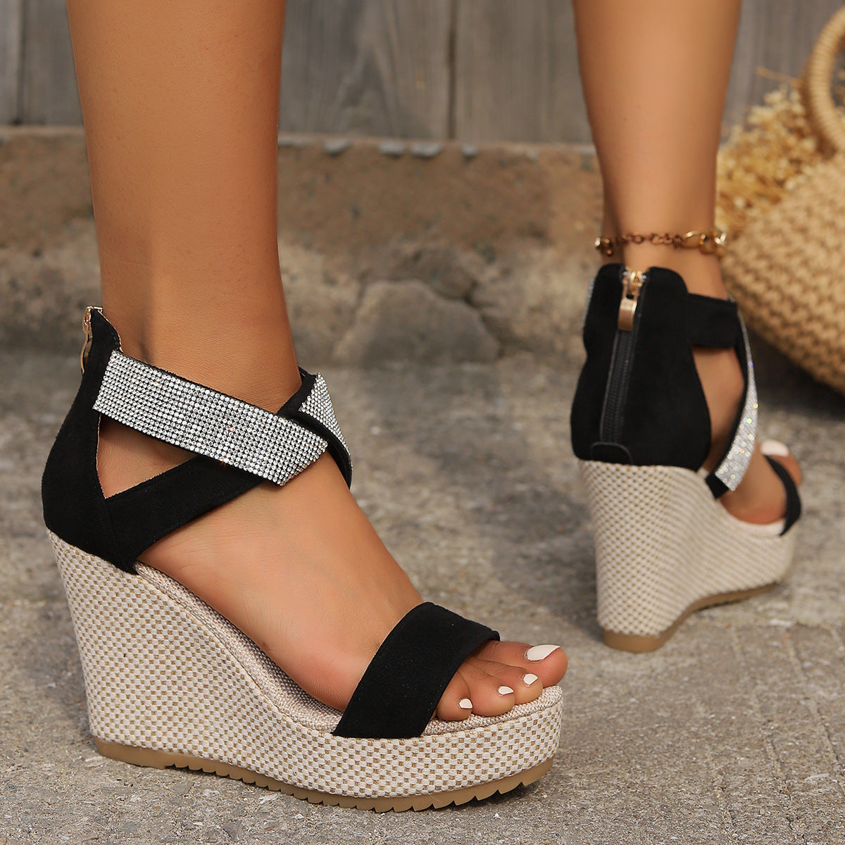 Fish Mouth High Wedges Sandals With Rhinestone Design Fashion Summer Platform Shoes For Women - Zalixer