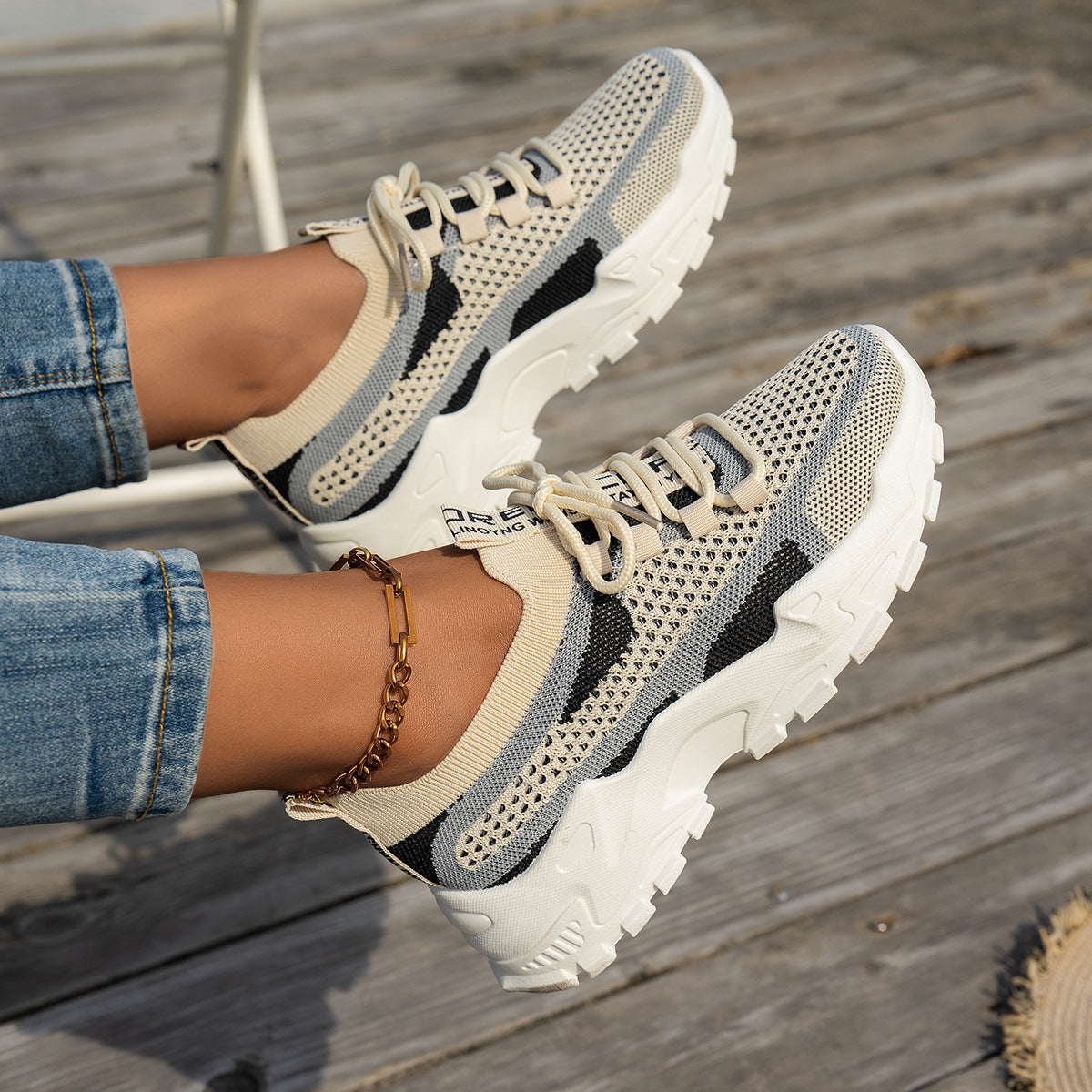 Flyknit Mesh Shoes Women's Breathable Lace-up Sneakers Walking Running Casual Shoes - Zalixer