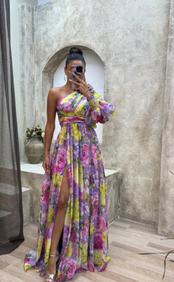 Floral Print Split Maxi Dress Fashion Sexy One-Shoulder Long-Sleeved Dresses Summer Beach Clothing For Women - Zalixer