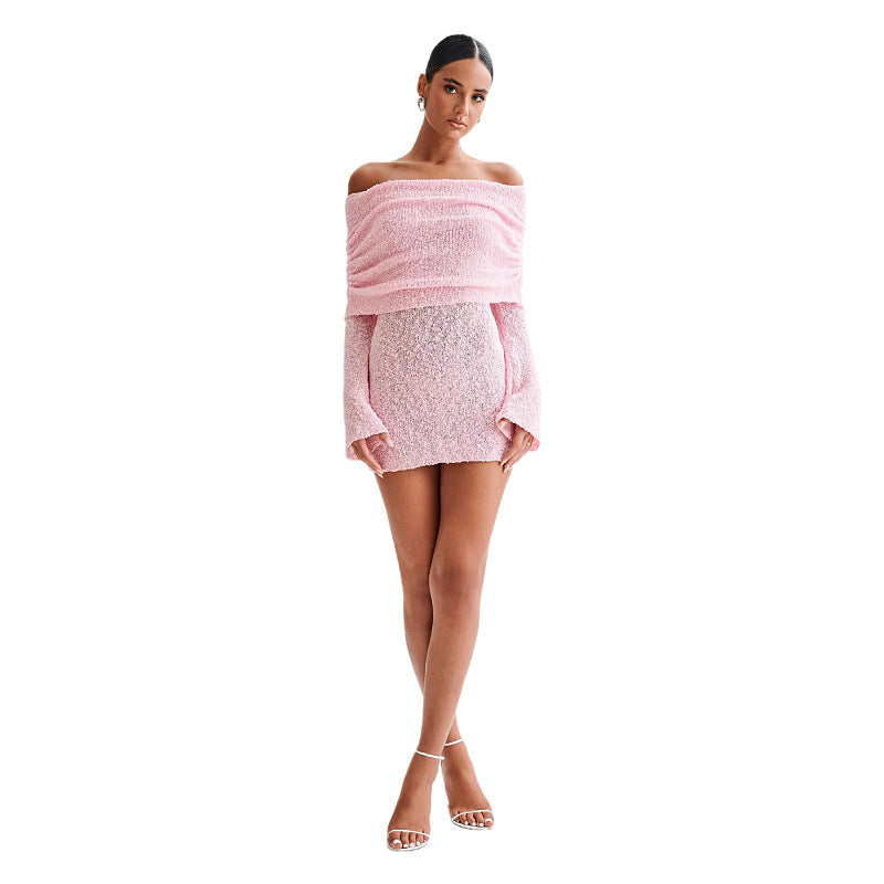 Women's Spring Summer Knitted Dress Elegant Party Boat Neck Dress Infant Off Shoulder Bodycon Long Sleeve Fuzzy Short Club Chic Mini Dress - Zalixer