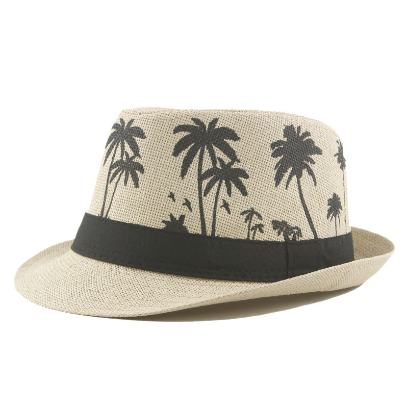 Palm Print Coconut Pattern Curled Straw Hat - Zalixer