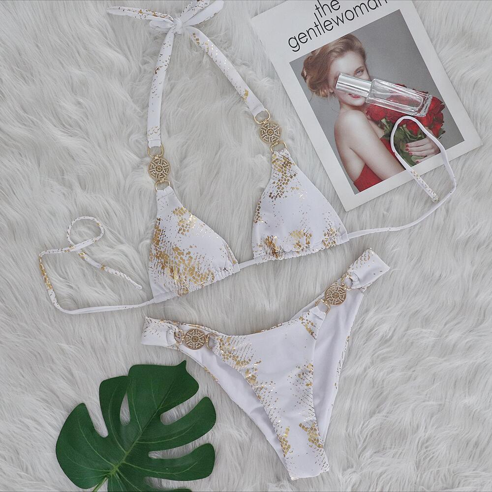 Snake Pattern Bronzing Bikini Crystal Diamond Metal Accessories - Zalixer