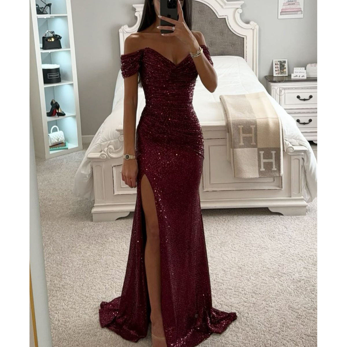 Party Sequins Off-neck Split Dress INS Casual Fashion Dress Women Charming Slimming Dress For Women - Zalixer