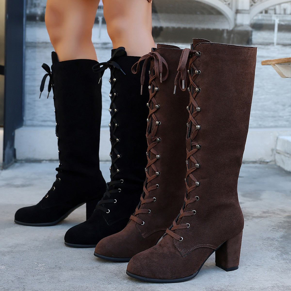 Womens Strappy Mid-Calf High-Heel Boots - Zalixer