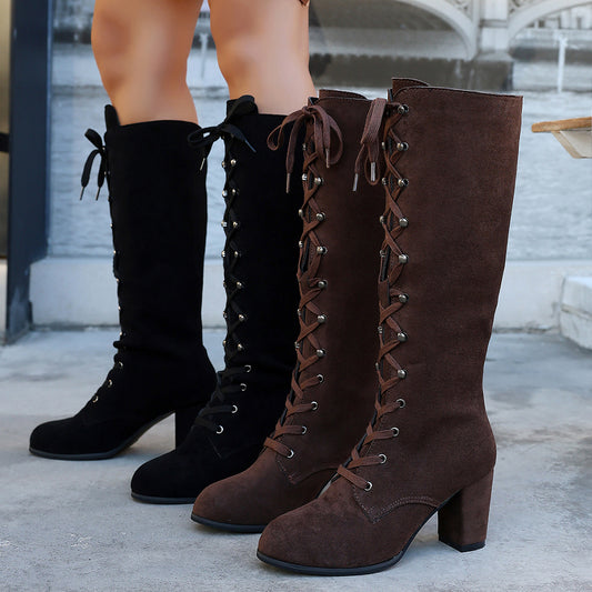 Womens Strappy Mid-Calf High-Heel Boots - Zalixer