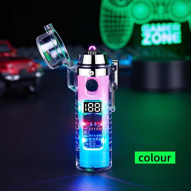 Transparent Shell Dual Arc USB Charging Lighter Outdoor Waterproof LED Colorful Light Power Display Illumination Light Gadget
