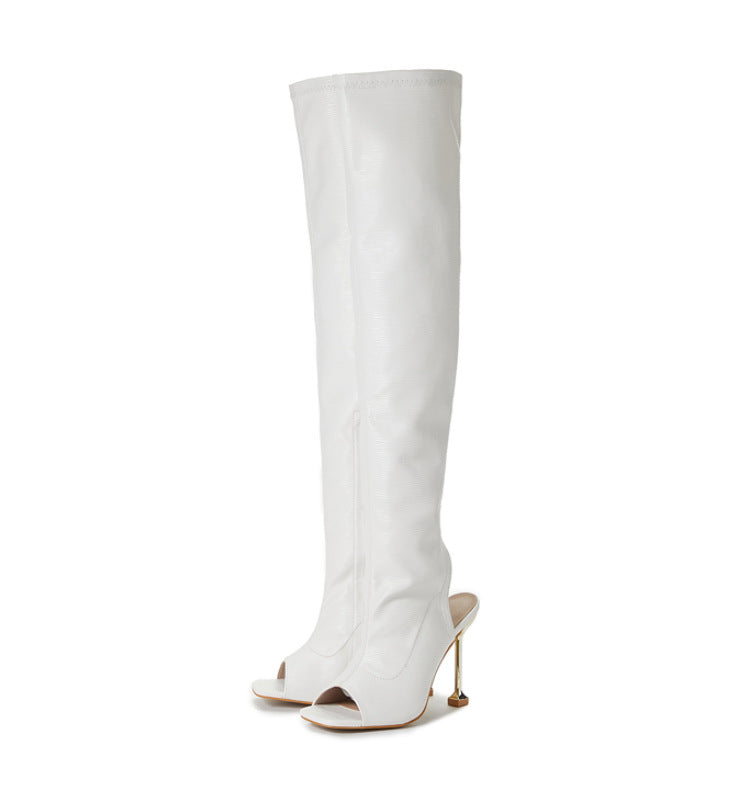 Womens Square Toe Cutout Over Knee Side Zip Cool Boots - Zalixer