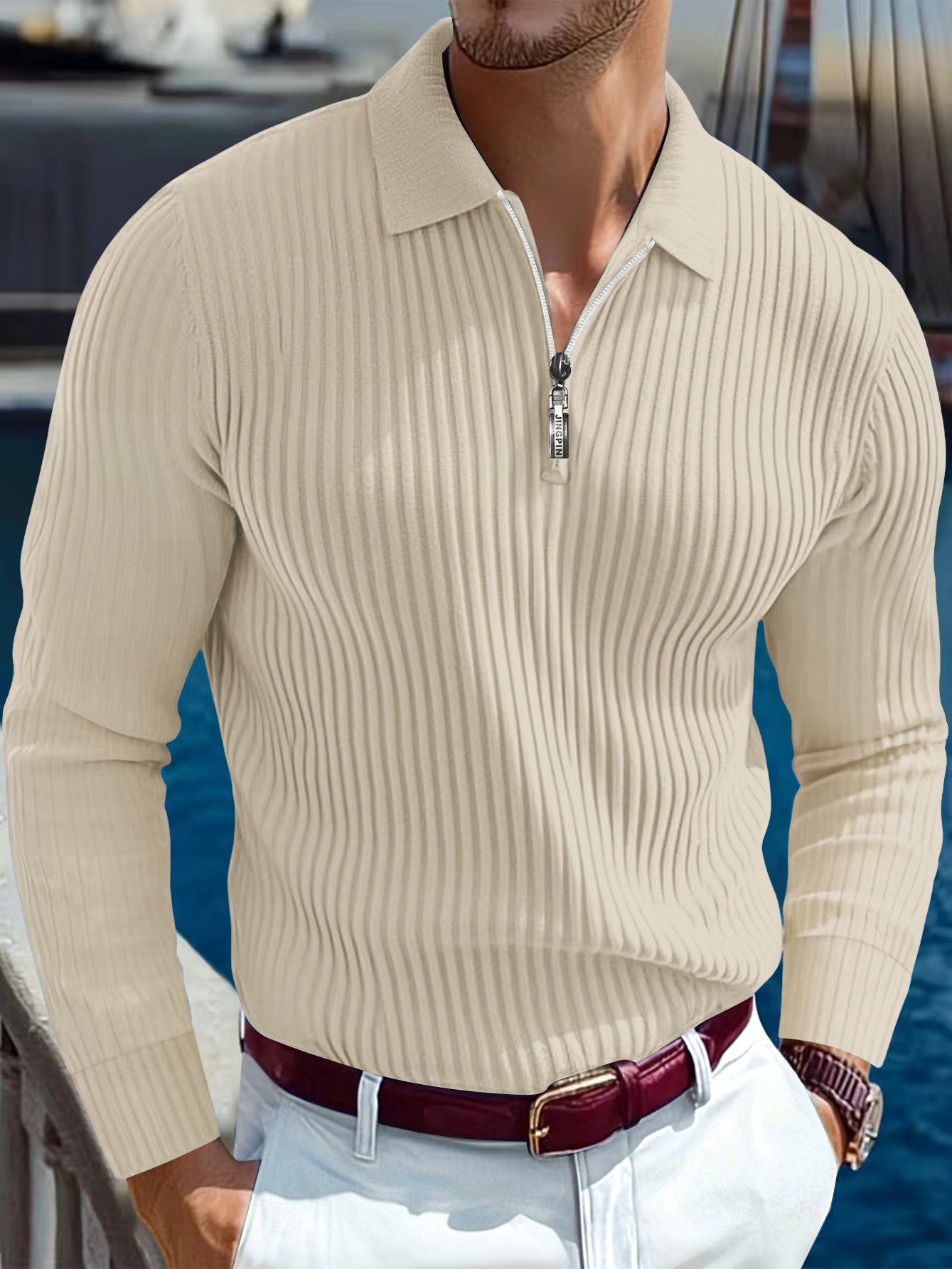 Men's Polo T-shirt With A Turn-down Collar Spring Summer Business Buttoned Long-sleeve Sports Retro Style Striped Polo Shirt For Daily Wear - Zalixer