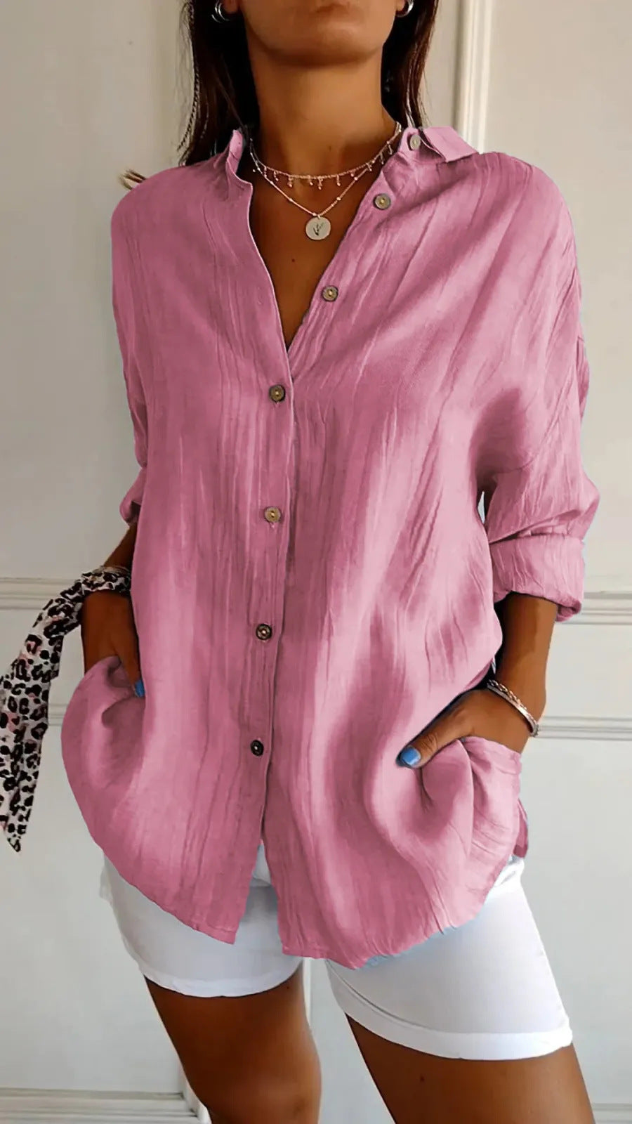 Lapel Long Sleeve Shirt Women's Single-breasted Pleated Shirt Tops Clothing - Zalixer
