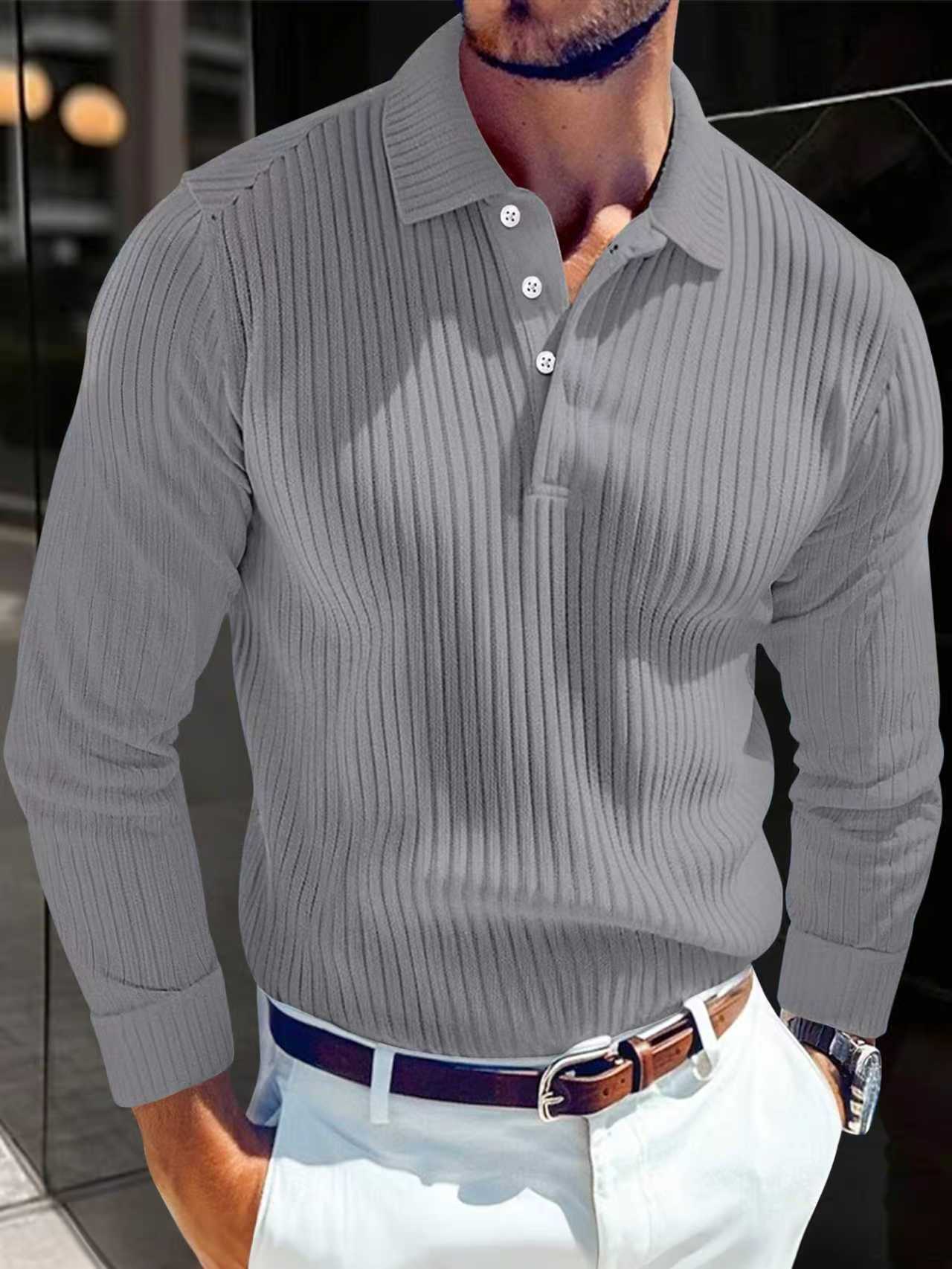 Men's Polo T-shirt With A Turn-down Collar Spring Summer Business Buttoned Long-sleeve Sports Retro Style Striped Polo Shirt For Daily Wear - Zalixer