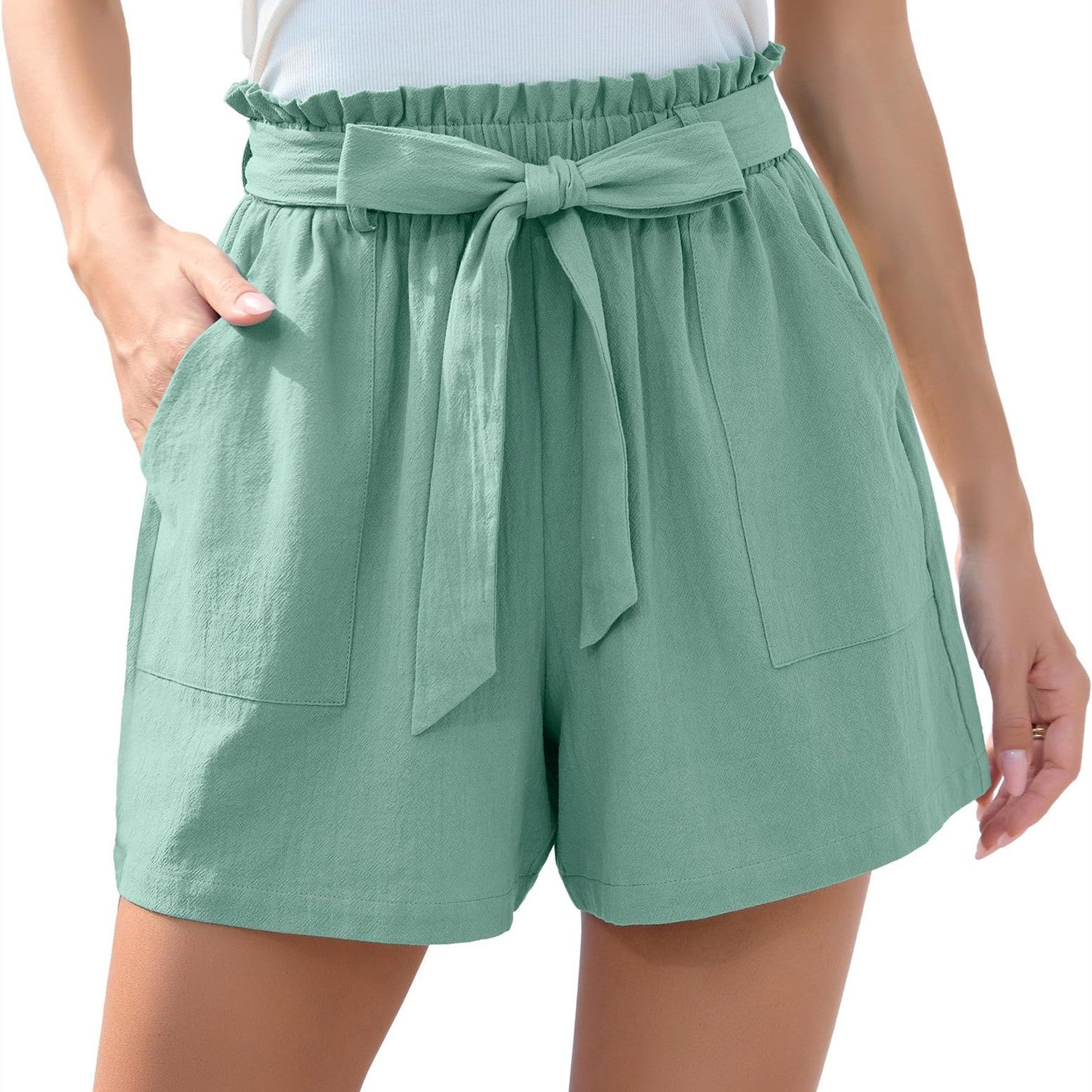 Fashion Ruffle Bow Waist Tie Shorts Summer Beach Pants With Pockets Womens Clothing - Zalixer