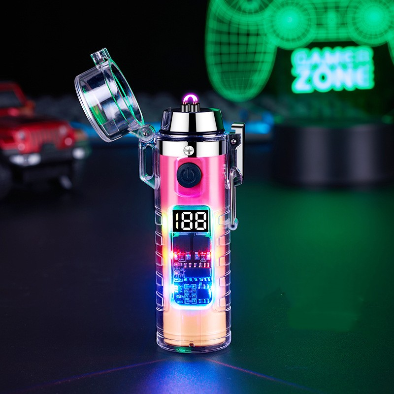 Transparent Shell Dual Arc USB Charging Lighter Outdoor Waterproof LED Colorful Light Power Display Illumination Light Gadget
