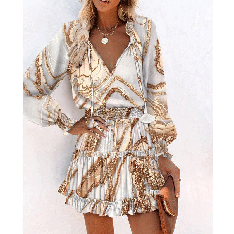 Flowers Print Long Sleeve Dress Fashion Patchwork Puff Sleeve Waist Dresses Women's Clothing - Zalixer