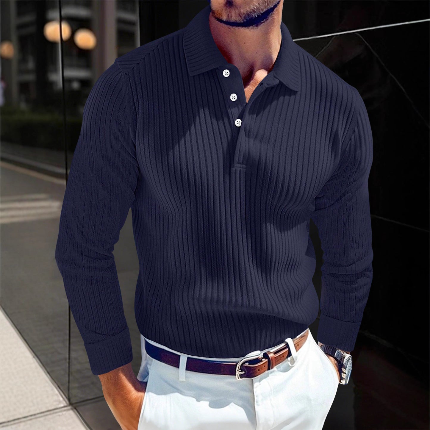 Men's Polo T-shirt With A Turn-down Collar Spring Summer Business Buttoned Long-sleeve Sports Retro Style Striped Polo Shirt For Daily Wear - Zalixer