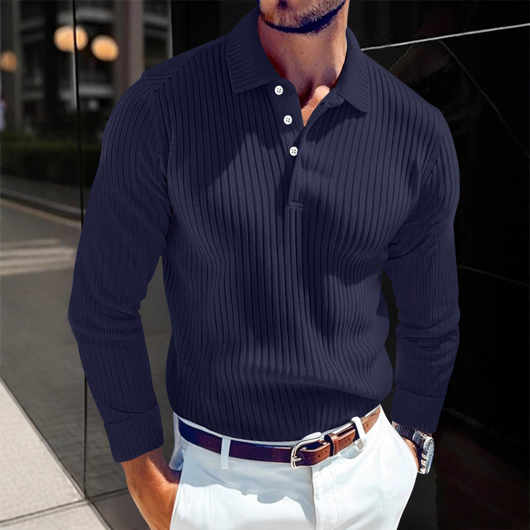 Men's Polo T-shirt With A Turn-down Collar Spring Summer Business Buttoned Long-sleeve Sports Retro Style Striped Polo Shirt For Daily Wear - Zalixer