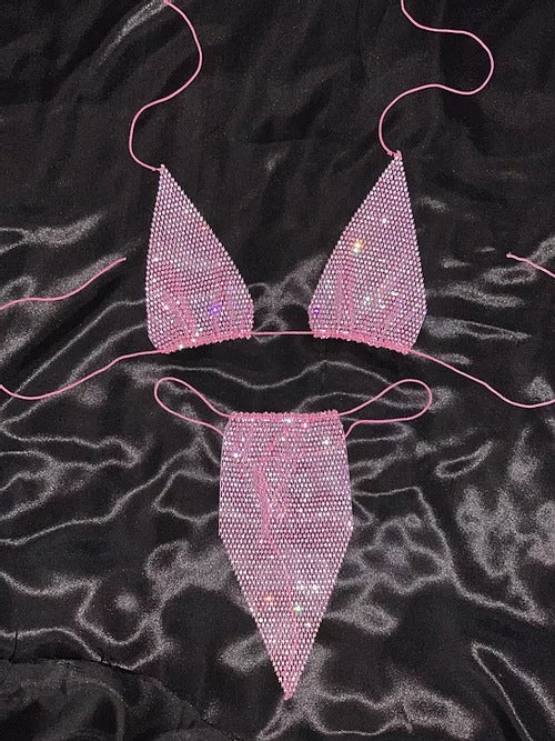Beach Rhinestone Mesh Bikini Set - Zalixer
