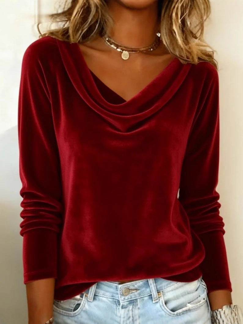 Elegant Velvet Long Sleeve Shirts For Women Fall Spring Solid Color Loose Women Blouses Fashion Pullover Tops Party Clothes - Zalixer