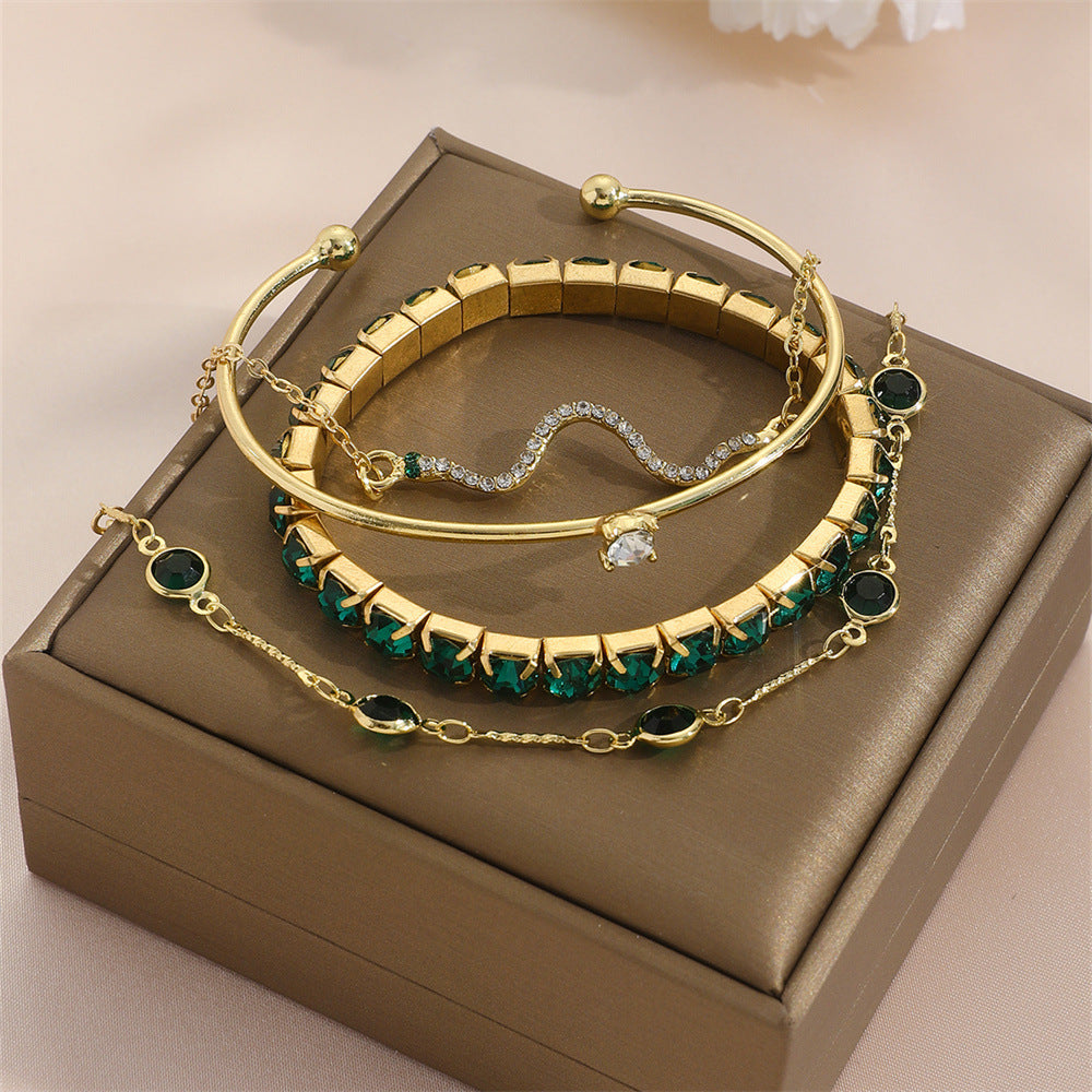 4pcs Bracelet Suit Fashion Green Grandmother Diamond Stretch Bracelet Women's Set - Zalixer