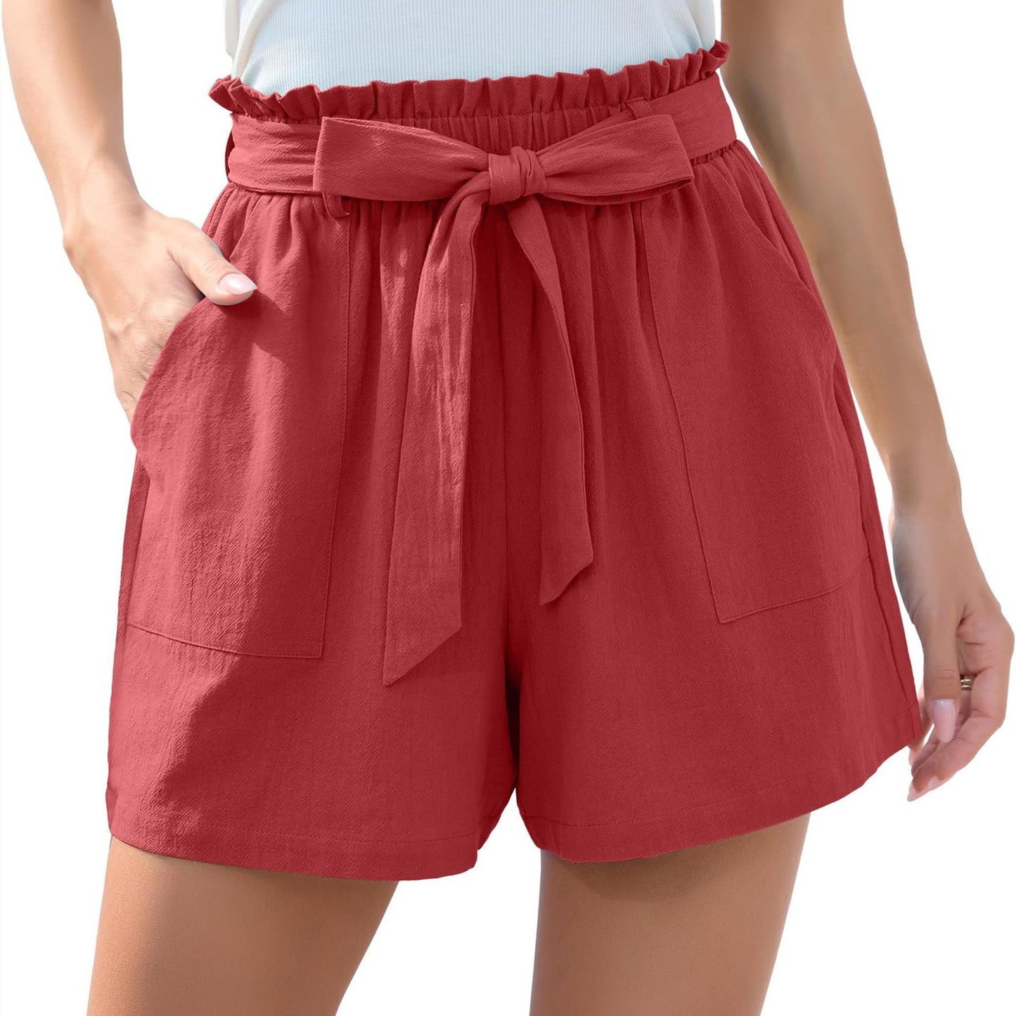 Fashion Ruffle Bow Waist Tie Shorts Summer Beach Pants With Pockets Womens Clothing - Zalixer