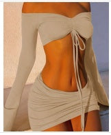 Drawstring Drop Ruched Off Shoulder Two-piece Skirt Set Y2K Long Sleeve Top & Bodycon Skirt Outfits Women's Clothing - Zalixer