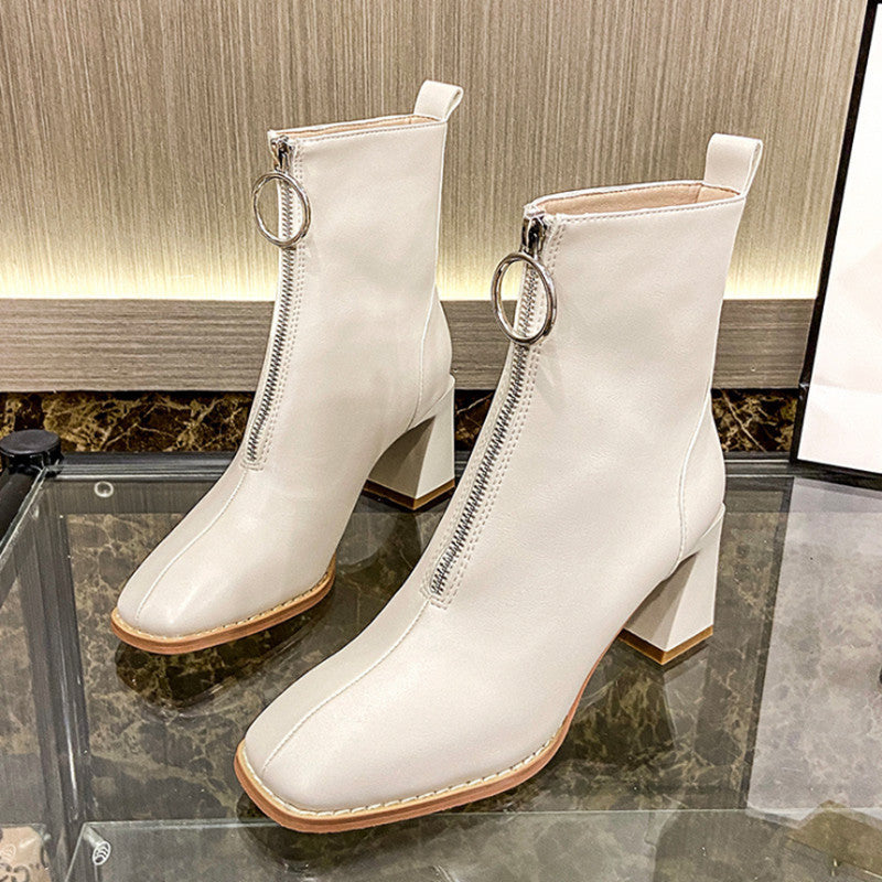 Womens Square-Toe Leather Chunky-Heel Boots In British Style - Zalixer