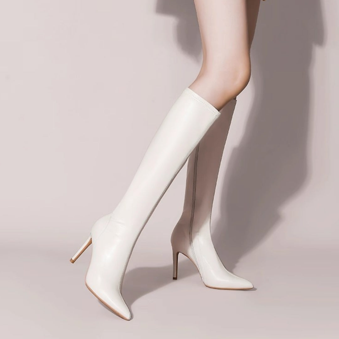 Womens Solid Color Casual White Pointedtoe Overtheknee Boots - Zalixer