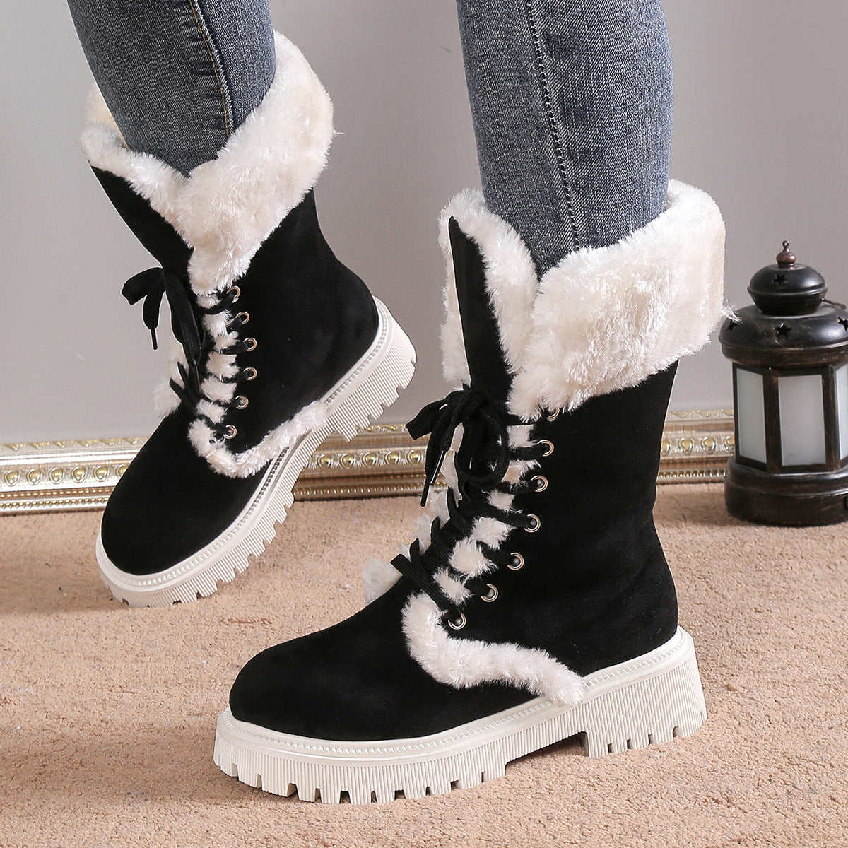 Winter Lace-up Snow Boots For Women Mid-tube Fleece Shoes Warm Chunky Heels Plush Boot - Zalixer