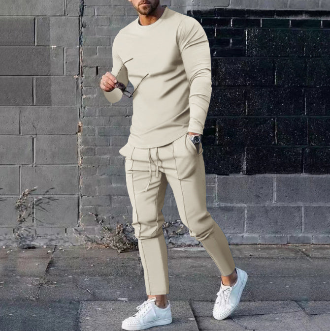 Men's Long-Sleeved Suit Slim Crew Neck Pullover T-shirt And Pockets Drawstring Pencil Pants Casual Trousers Set - Zalixer