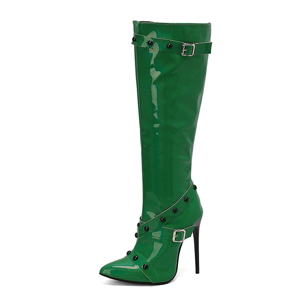 Womens Stiletto Heel Rivet Long Boots - Zalixer