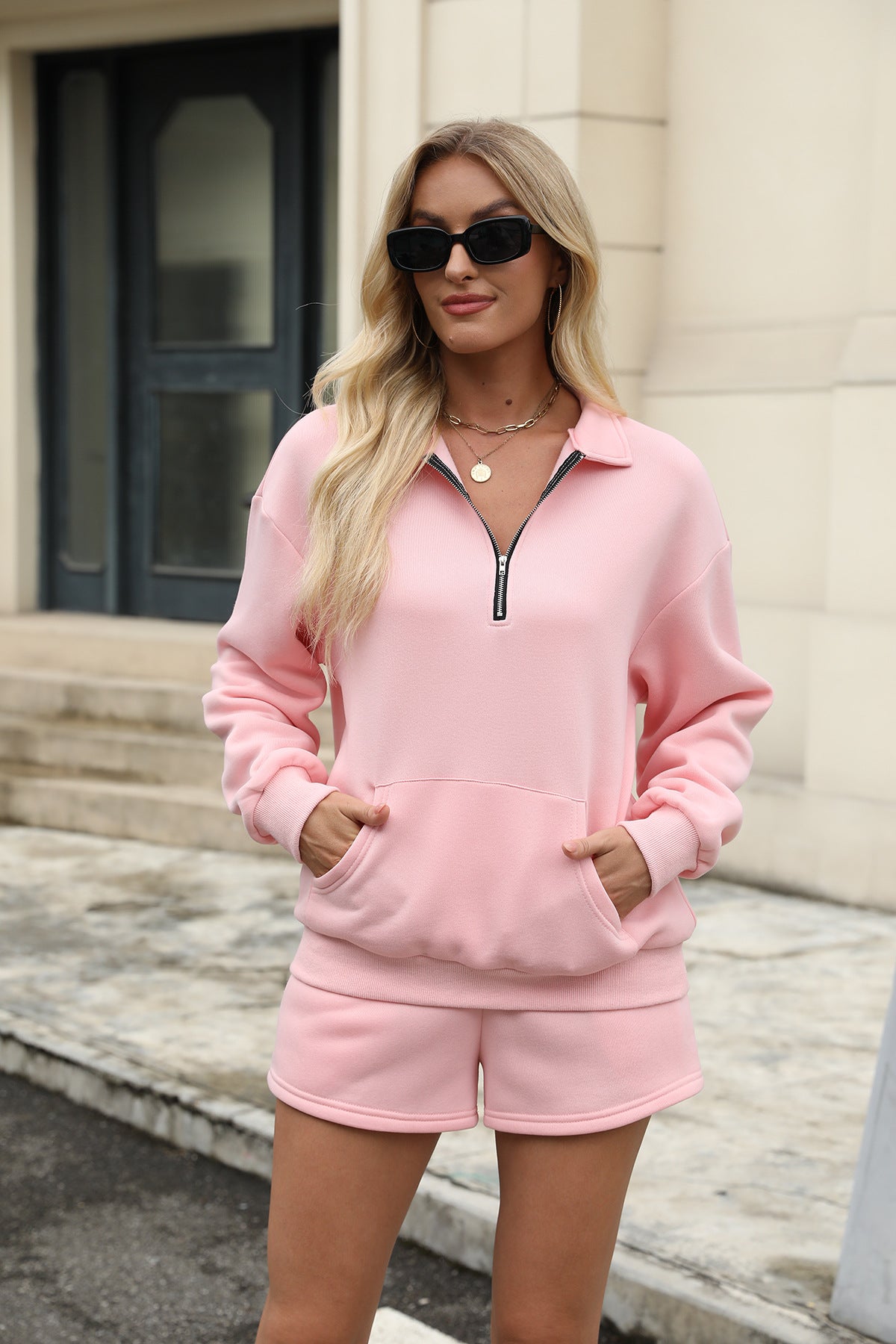 Casual Sweatshirt Suits Lapel Zipper Long Sleeve Top With Pocket And Elastic Shorts Fashion Loose Sports Set Outfits Womens Clothing - Zalixer