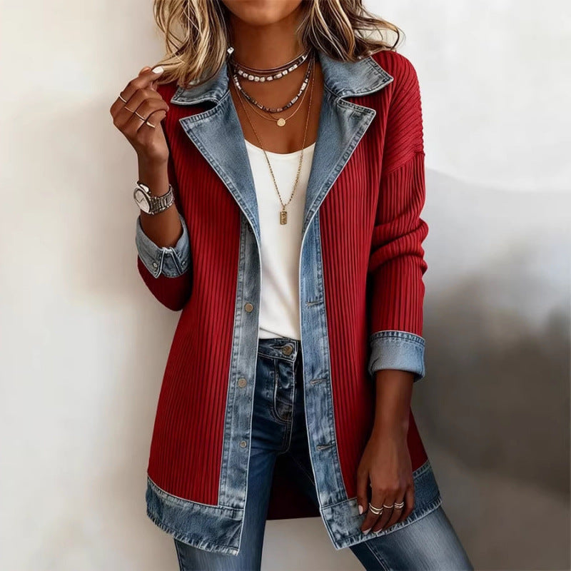 Denim Patchwork Jacket Fashion Commuter Lapel Button-down Long-sleeved Top For Women's Clothing - Zalixer