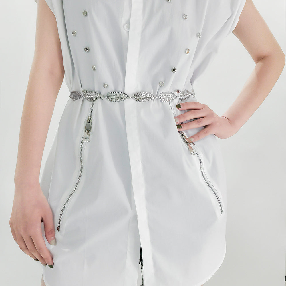 Metallic Silver Women's Waist Chain Feather Leaves Everything Dress Shirt Chain Simple Accessories - Zalixer