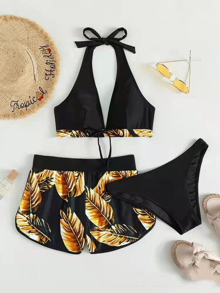 3pcs Leaf Print Bikini With Shorts Fashion Summer Beach Swimsuit Womens Clothing - Zalixer