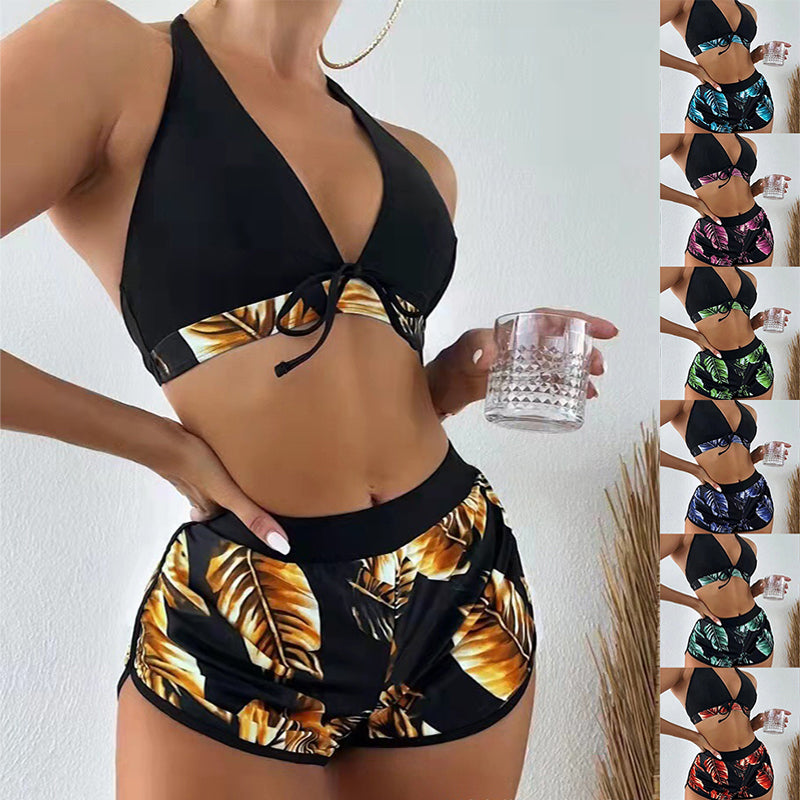 3pcs Leaf Print Bikini With Shorts Fashion Summer Beach Swimsuit Womens Clothing - Zalixer