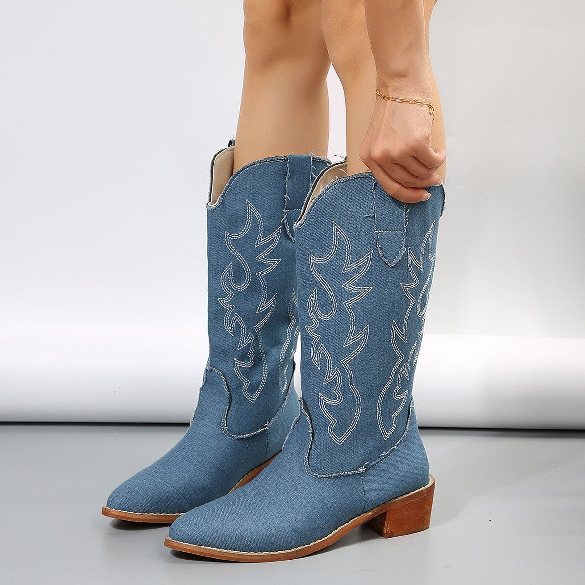 Womens Plus-Size Mid-Calf Western Boots - Zalixer