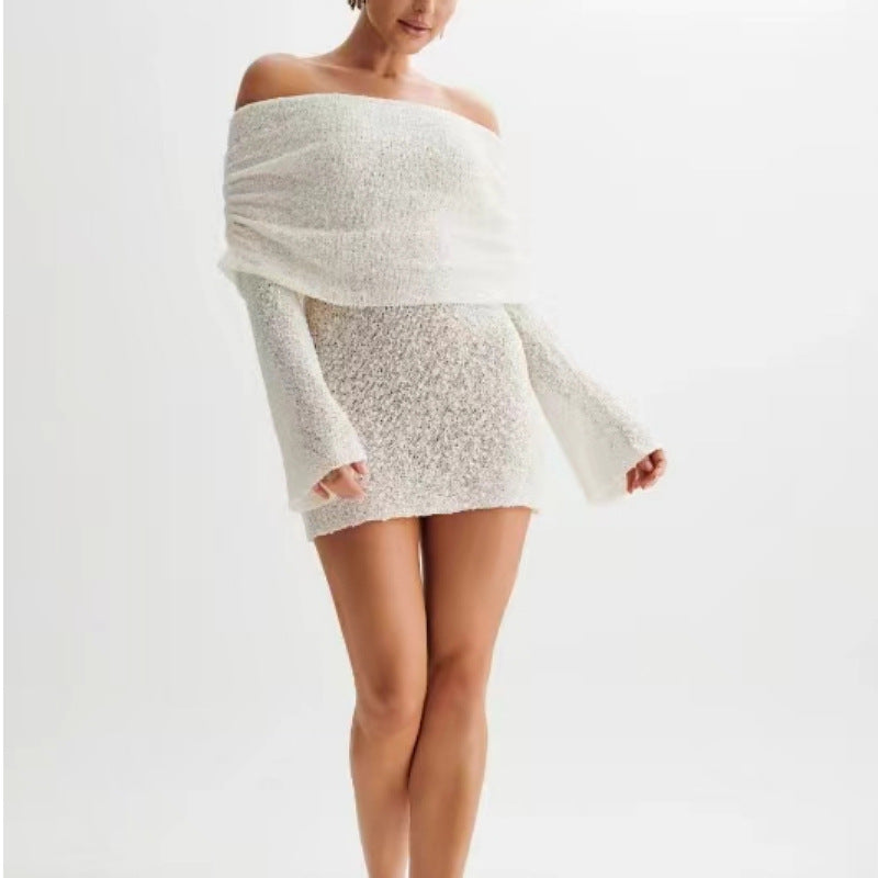 Women's Spring Summer Knitted Dress Elegant Party Boat Neck Dress Infant Off Shoulder Bodycon Long Sleeve Fuzzy Short Club Chic Mini Dress - Zalixer