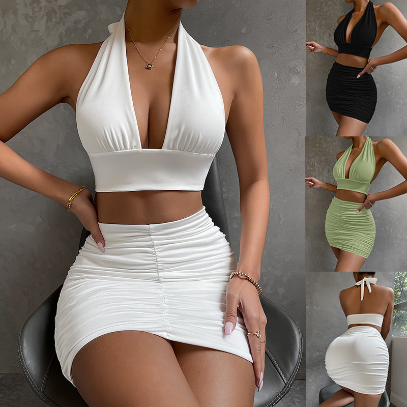 2pcs Dress Suits For Women Halter Lace-up Hip Top And Pleated Hip-covering Skirt - Zalixer
