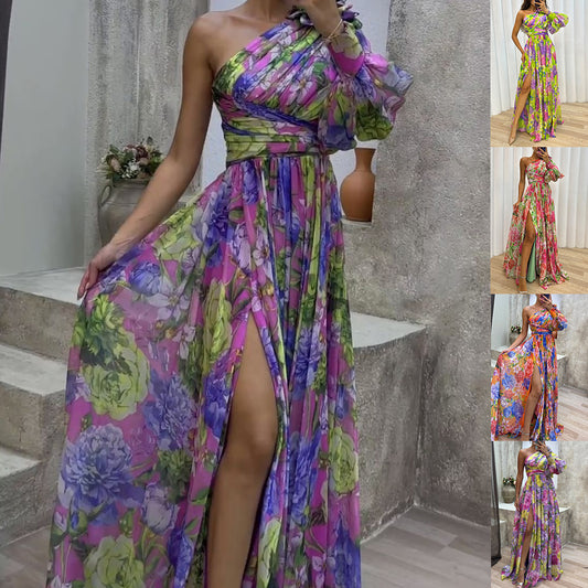 Floral Print Split Maxi Dress Fashion Sexy One-Shoulder Long-Sleeved Dresses Summer Beach Clothing For Women - Zalixer