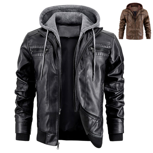 Hooded Jacket With Zipper Pockets Fashion Warm Pu Leather Coat Mens Clothing - Zalixer