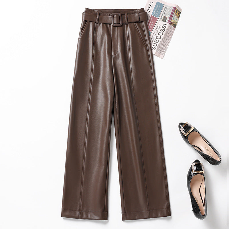 Womens Straight-Leg Leather Pants High-Waisted Fashionable Wide-Leg Pants - Zalixer
