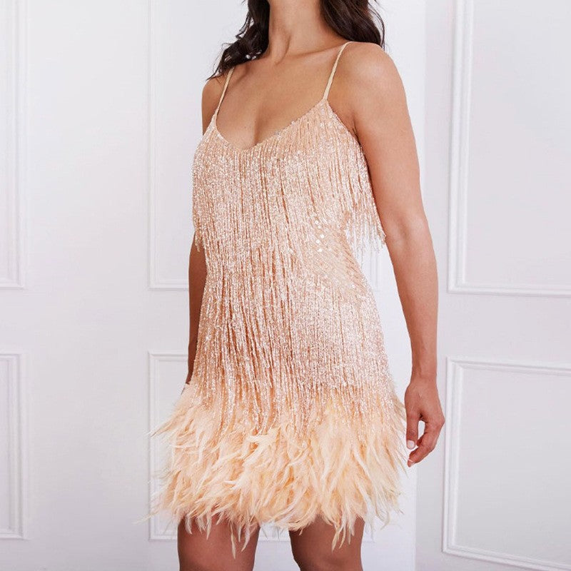 Sexy Tassel Sequins Feather Summer Mini Dress Women V Neck Spaghetti Strap Stitching Dresses Female Elegant Evening Party Club Dress - Zalixer